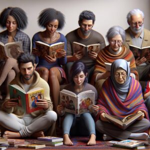 Diverse group reading books.