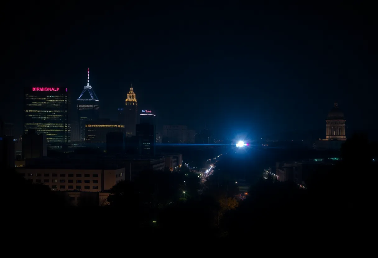 Police lights illuminating the streets of Birmingham at night