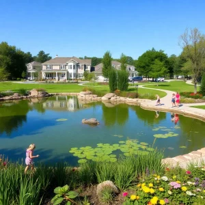 View of the East Selma Community Pond with walking trails and greenery.