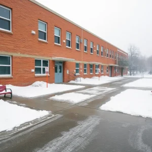 Snow-covered school building with empty playground