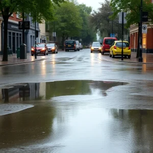 A Birmingham street during heavy rainfall with puddles and flood warnings