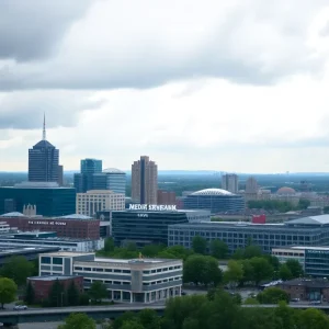City skyline of Birmingham with medical research buildings