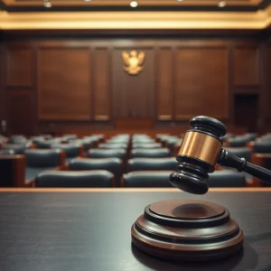 A courtroom depicting a tense legal atmosphere with empty benches and a gavel.