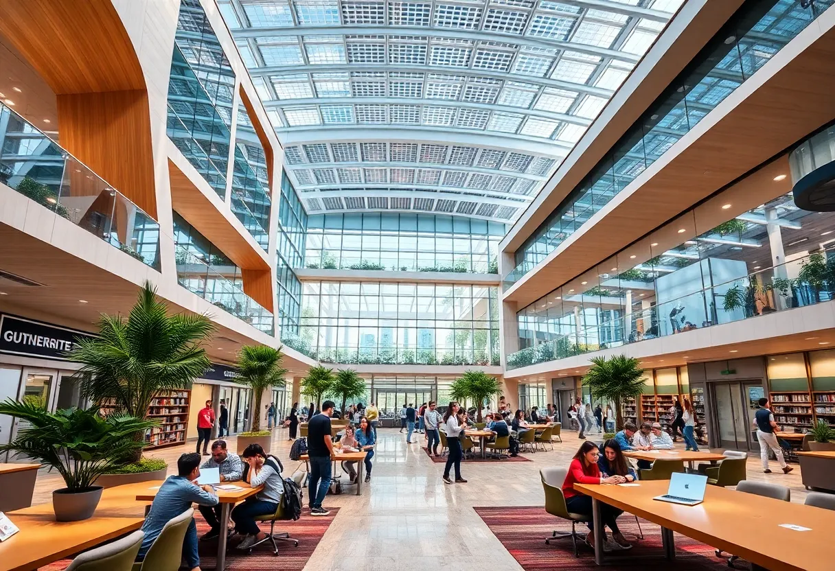 Modern university campus with students collaborating in Dubai