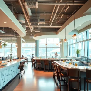 A beautifully designed seafood restaurant interior featuring a raw bar.