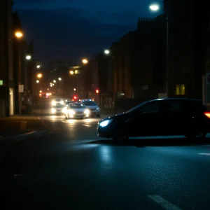 Silhouette of a car moving through a city street at night.