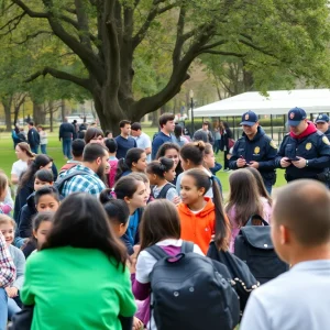 Students gathering in a park during Senior Skip Day with police presence for safety.