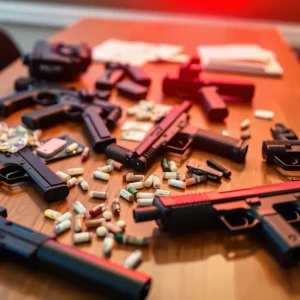 Table displaying guns and drugs related to a drug trafficking investigation