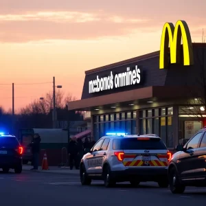 McDonald's exterior at dawn with police presence during an escape incident