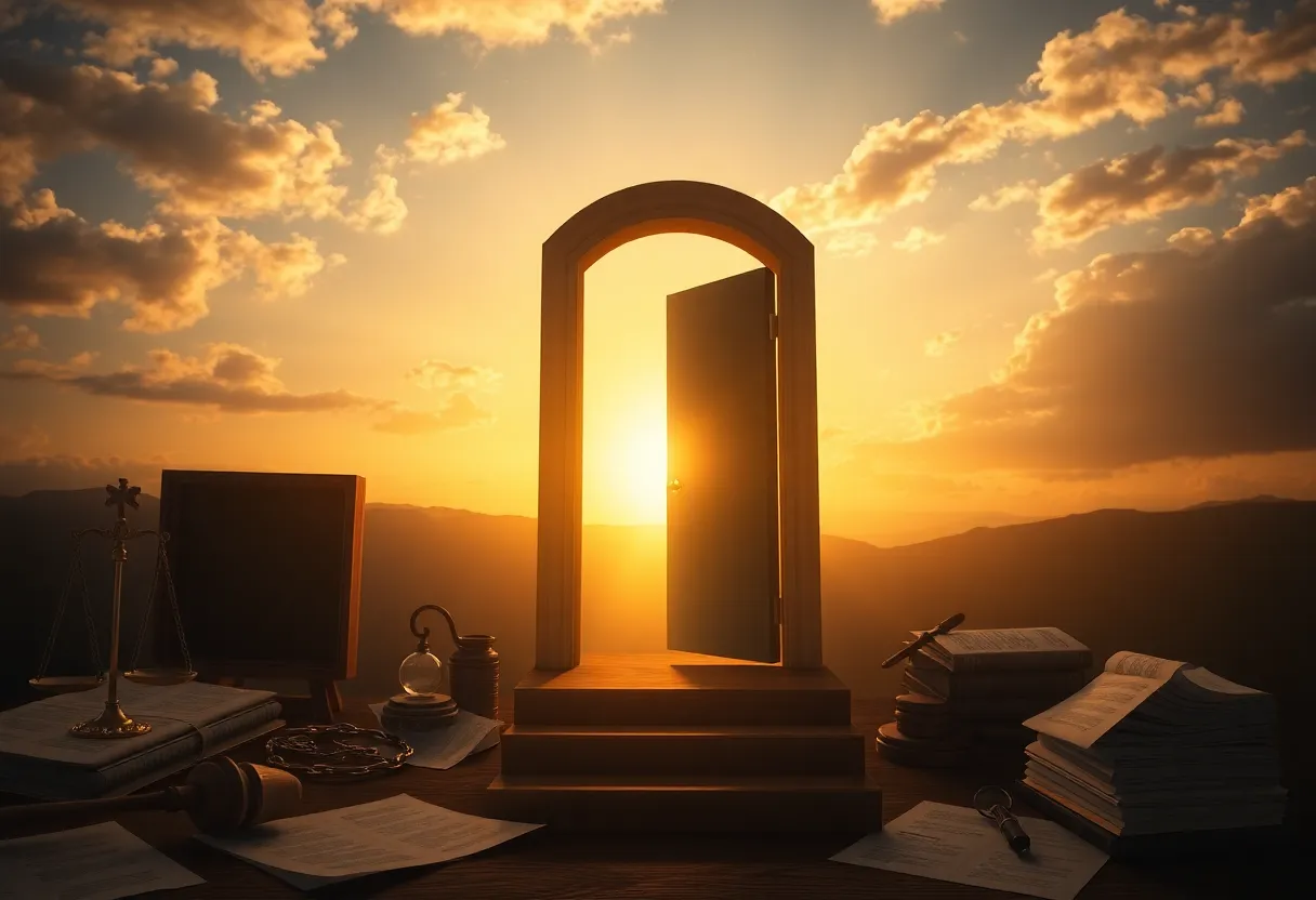 An open door leading to a sunrise symbolizing hope and justice.