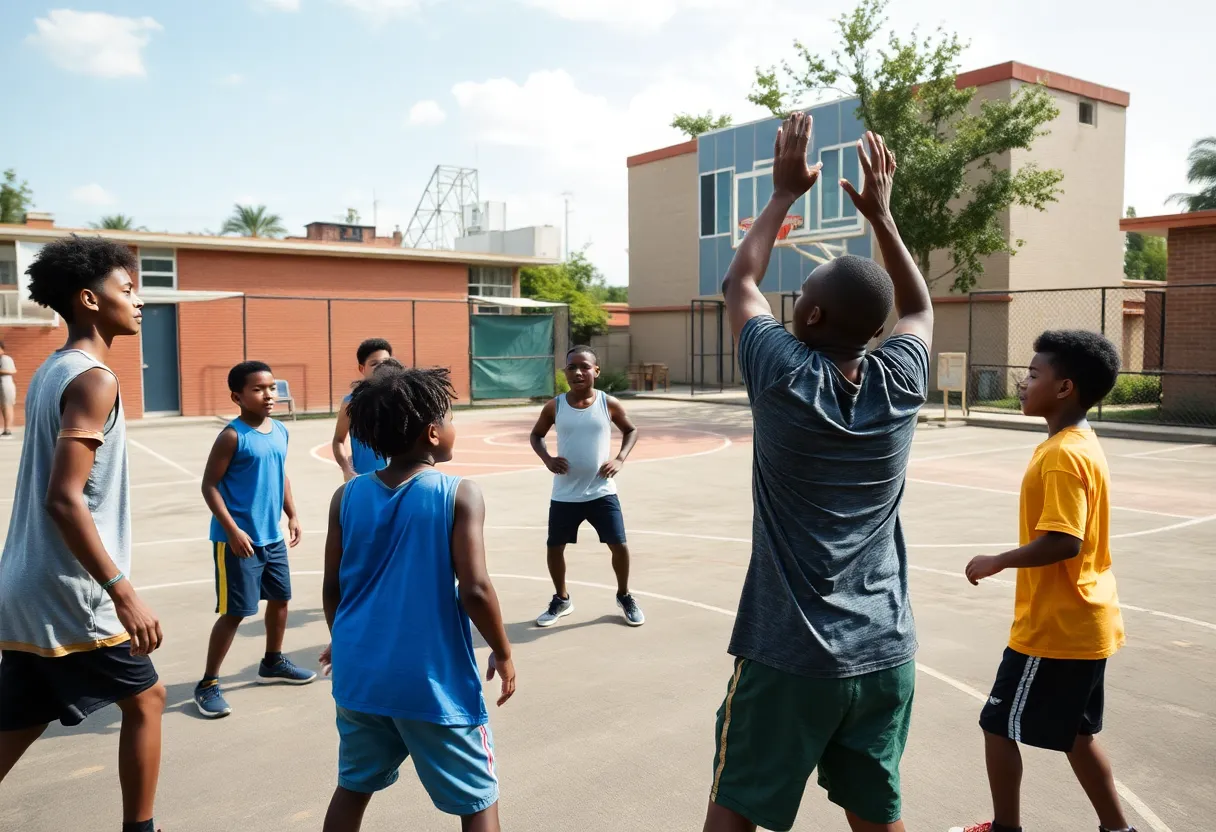 Local youth engaging in basketball training with a mentor