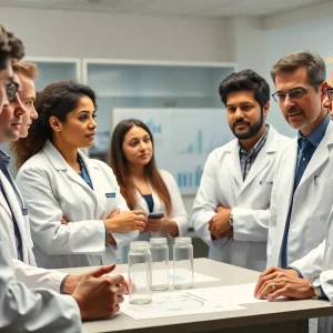 Scientists discussing autism research in a laboratory