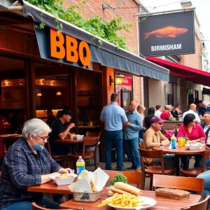 People enjoying BBQ food at a restaurant in Birmingham