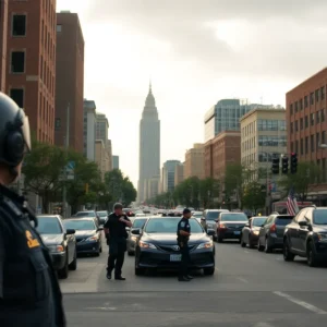 Birmingham cityscape depicting police activity