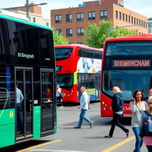 Public transportation in Birmingham showcasing urban buses and pedestrians