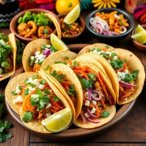 A variety of authentic tacos with fresh ingredients on a wooden table