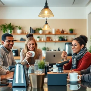 Interior of Bitty & Beau's Coffee showing employees and customers engaging in a vibrant community space.