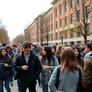 A view of Columbia University campus with students.