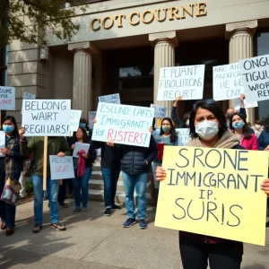 Protesters supporting immigrant rights outside a courthouse