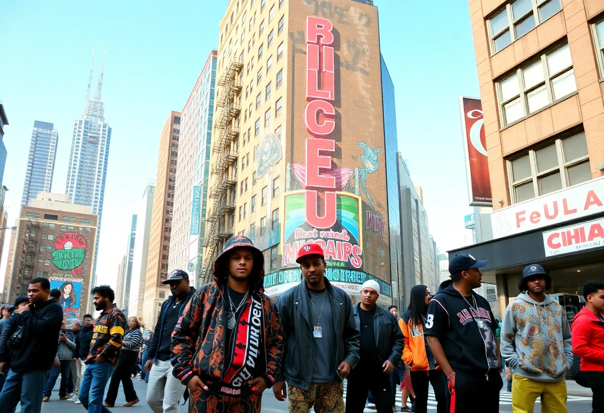 Colorful costumes and urban art representing 1990s hip-hop culture in Birmingham.