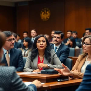 Group of diverse individuals in a courtroom discussing immigration rights.