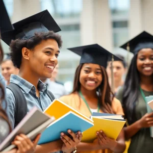 Group of diverse students celebrating with scholarships outdoors