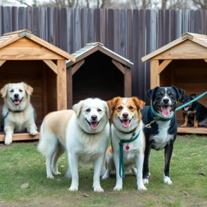 Outdoor dog shelters with happy dogs