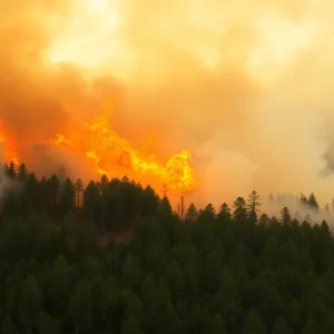 Wildfire burning in New Jersey forest with firefighters on scene