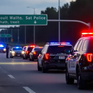 Police vehicles and emergency responders at a shooting scene on the highway.