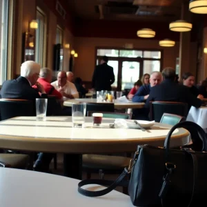 Restaurant interior with patrons and a suspicious figure in the background
