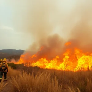 Wildfire in California with firefighters battling flames