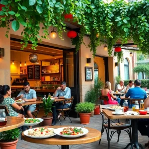 Customers enjoying their meals on the outdoor patio of Taziki's Mediterranean Café in Des Peres.