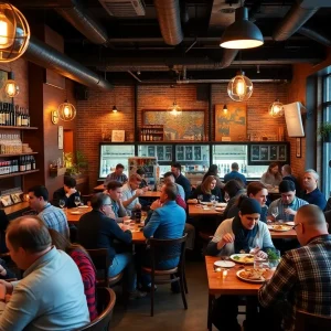 Interior of The Lumbar gastropub filled with customers enjoying food and drinks.