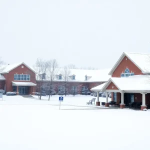 Snow-covered school buildings in Central Alabama