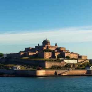 Overview of Alcatraz Island with historical prison buildings