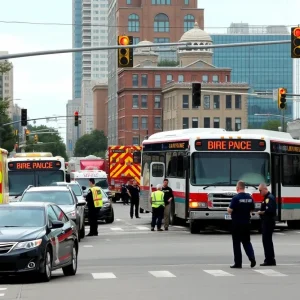 Scene of a crash involving a VA bus in downtown Birmingham, with emergency services present.