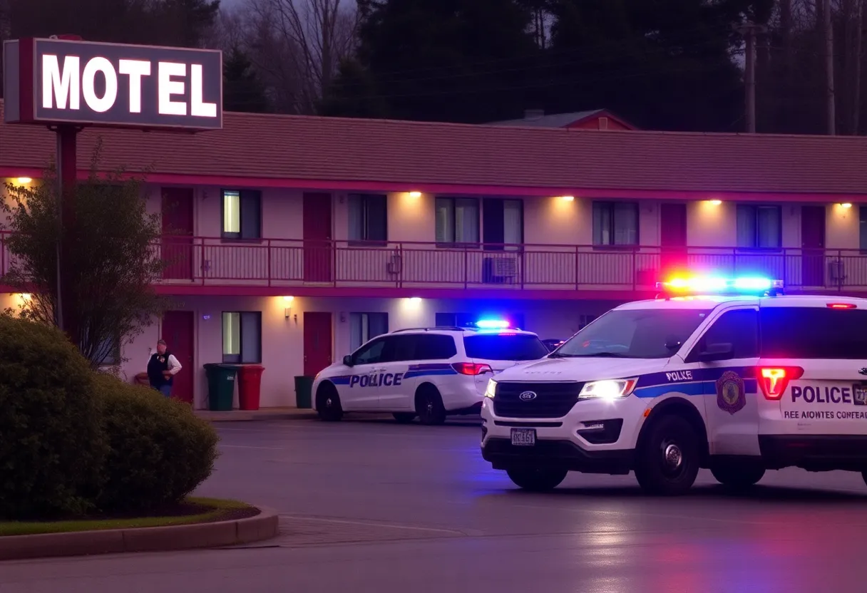 Exterior of an Extended Stay motel with police presence