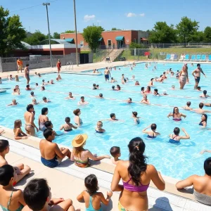 Families enjoying a public pool in Birmingham with lifeguards on duty.