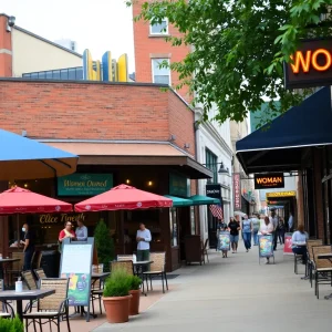 A vibrant street view of women-owned restaurants in Birmingham, Alabama.