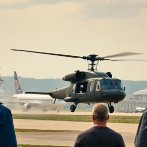Black Hawk helicopter in close proximity to commercial airliners at busy airport