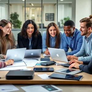 Group of young professionals discussing technology in an office