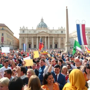 Joyful crowd in St. Peter's Square celebrating Pope Leo XIV's election.