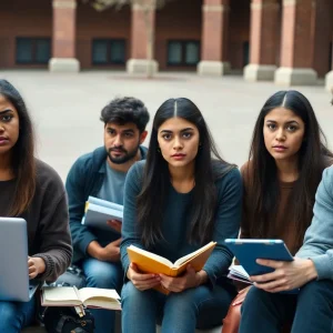 A group of students in a courtyard looking worried about their academic future.