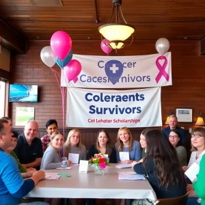 Celebrating scholarship awards for cancer survivors at a restaurant event.