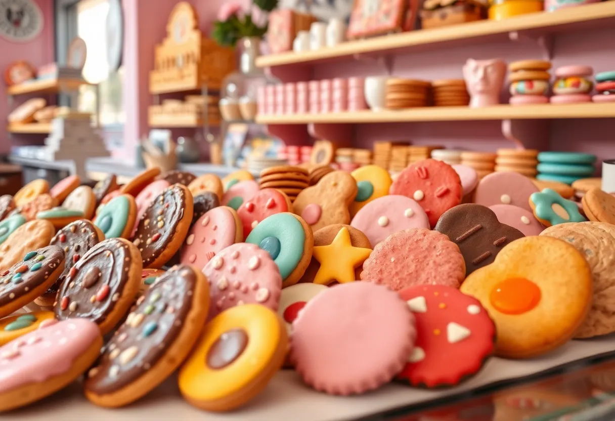 Assorted Crumbl Cookies on display in a cookie shop