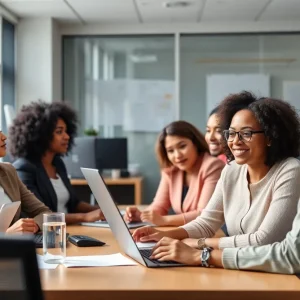 A diverse group of professionals collaborating in an office setting, highlighting support for employees.