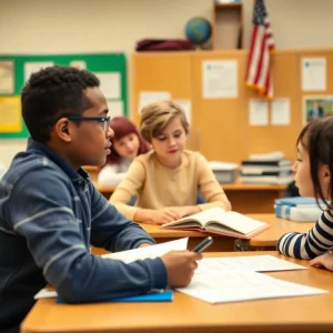 Students participating in an interactive classroom discussion on government and history.