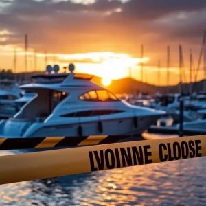 Charter boat at sunset with crime scene tape