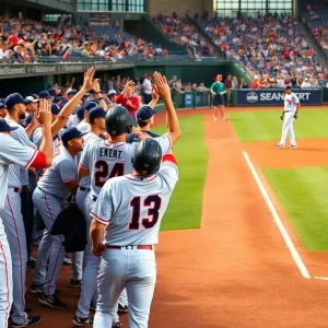 Mississippi State Bulldogs celebrating in a baseball game