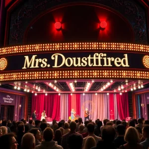 Audience in front of Birmingham Hippodrome marquee for Mrs. Doubtfire Musical